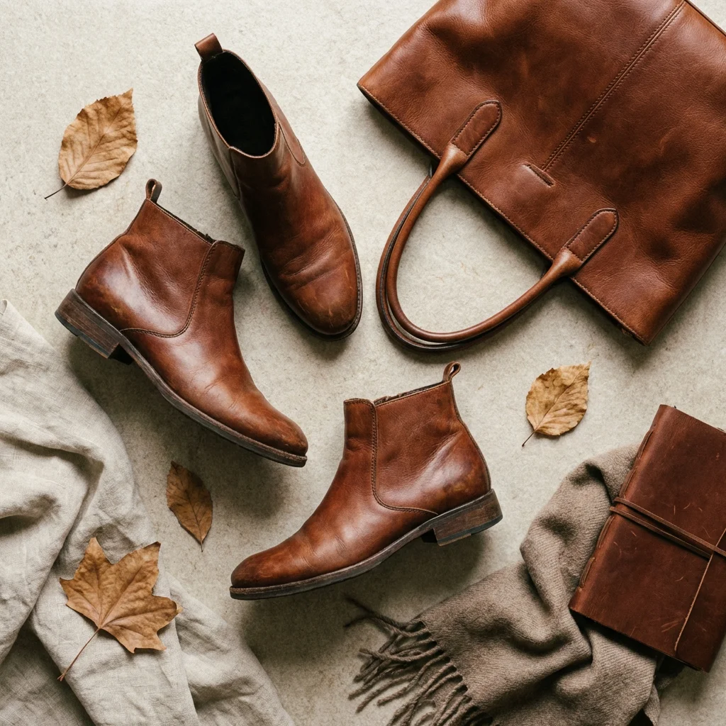 Leather boots and bag flat lay